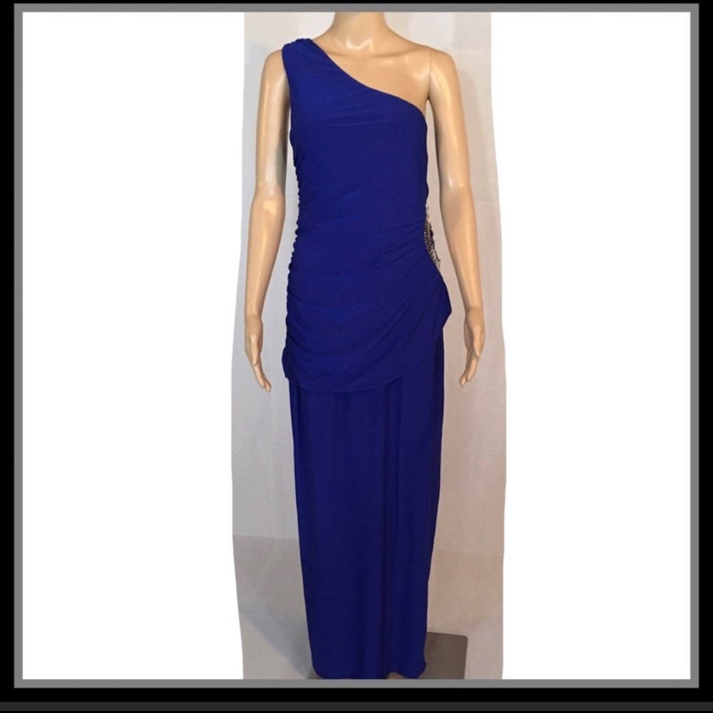 Blue one shoulder dress.